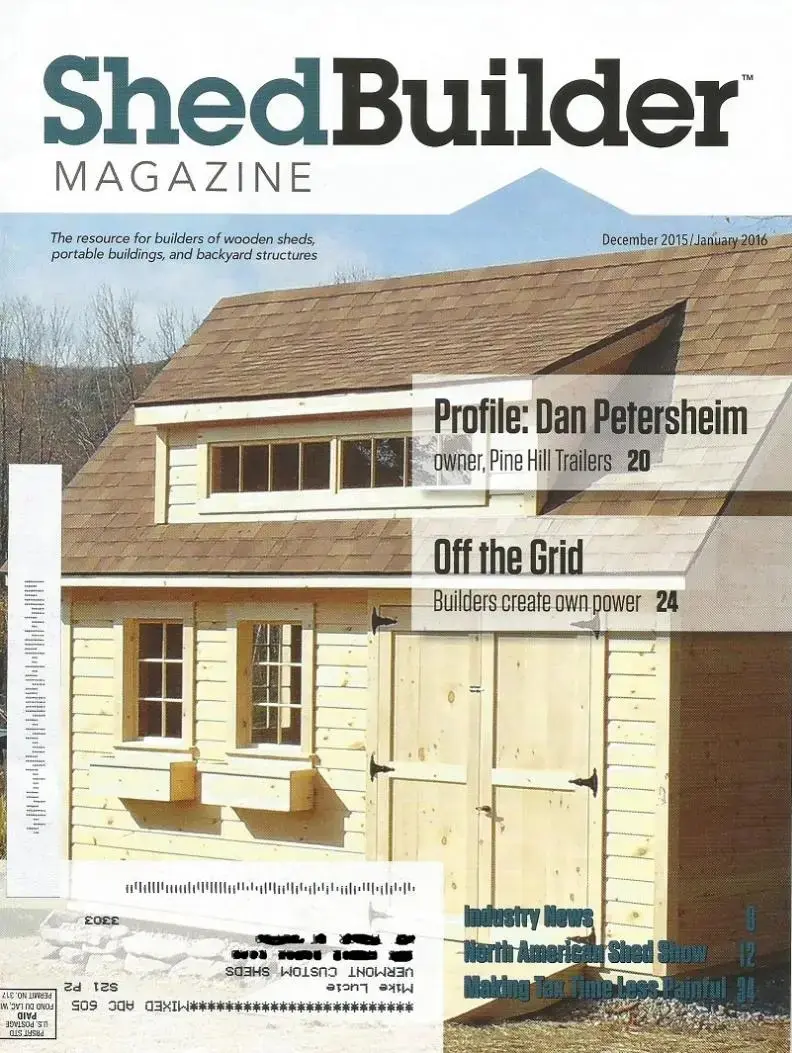 The cover of Shed Builder Magazine featuring a photo of a vermont custom shed